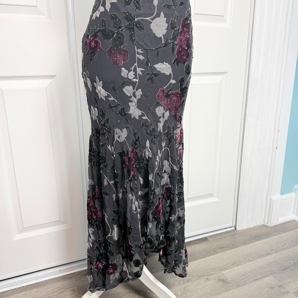 VTG Sue Wong Silk Burnout Velvet Floral Beaded Lace Maxi Dress Black Burgundy 6 - Picture 9 of 16